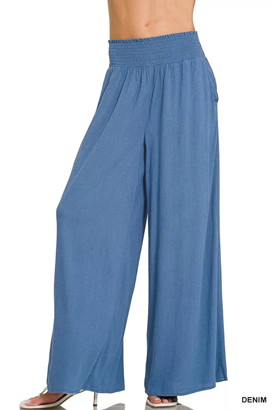Zenana wide-leg lounge pants with smocked waistband, stylish and comfortable denim-style casual pants by Trendsi.