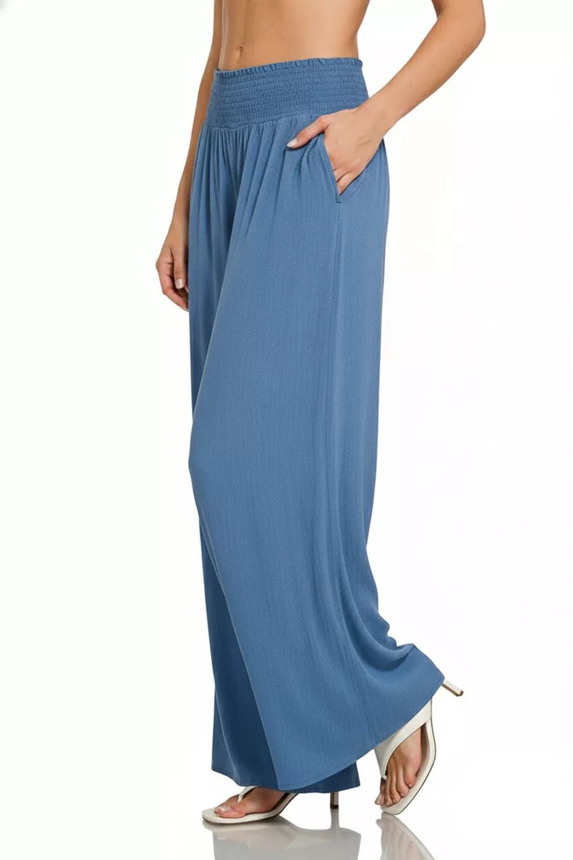 Zenana wide-leg lounge pants with smocked waistband and denim fabric for a comfortable, relaxed fit.
