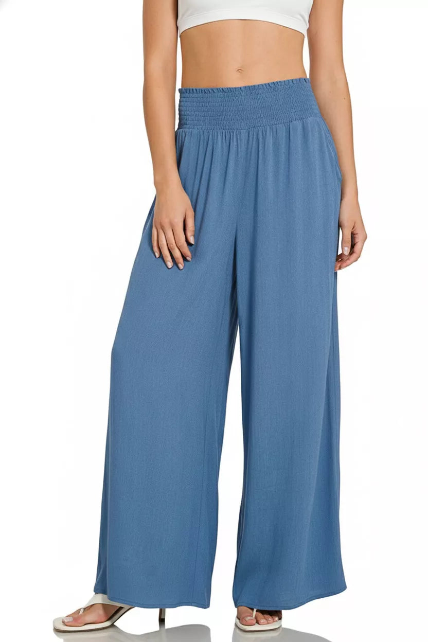 Zenana wide-leg lounge pants with smocked waistband, comfortable denim style, perfect for casual and relaxed wear