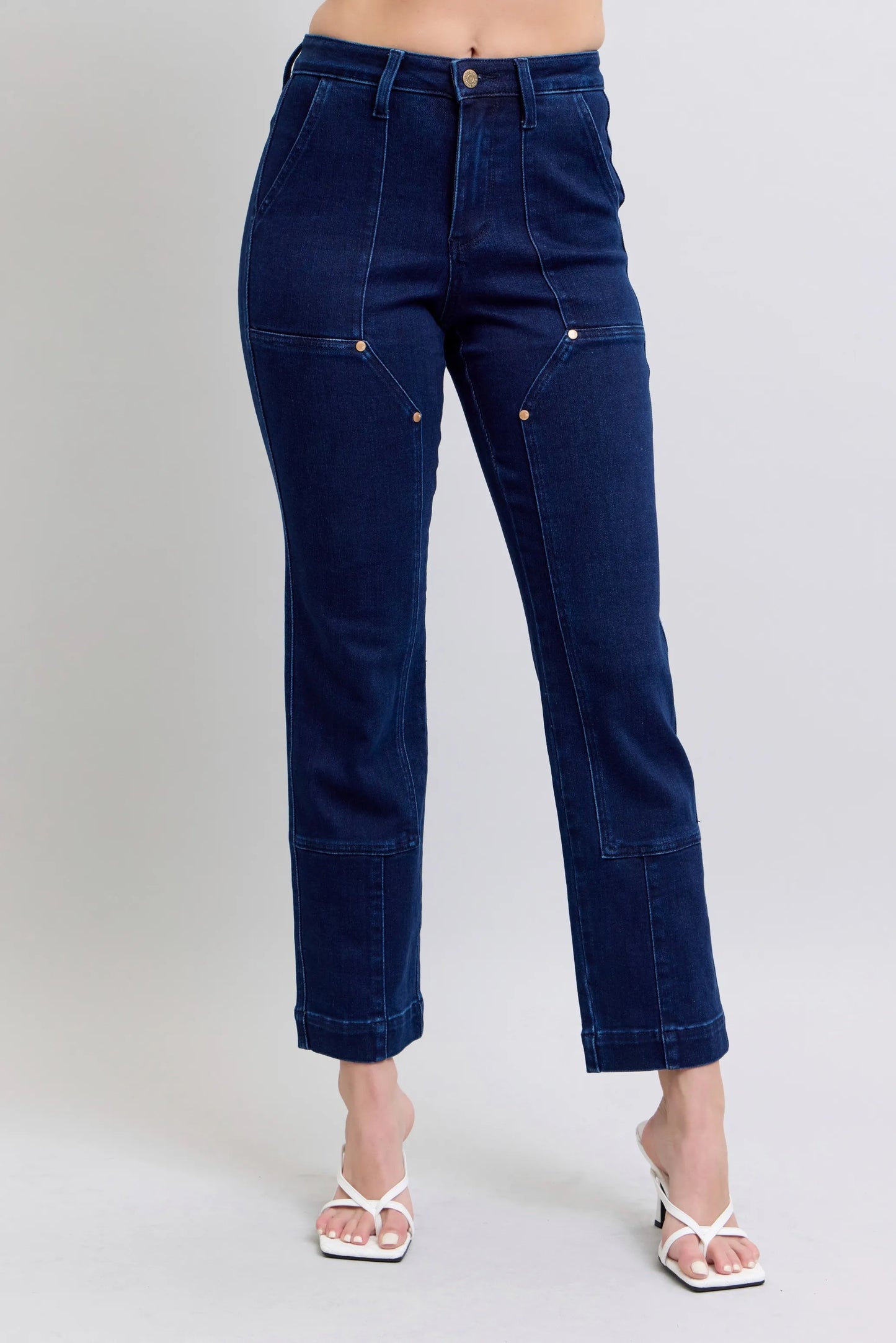 Plus size Judy Blue work wear knee patch straight jeans with distressed details and classic fit, perfect for casual or work wear.