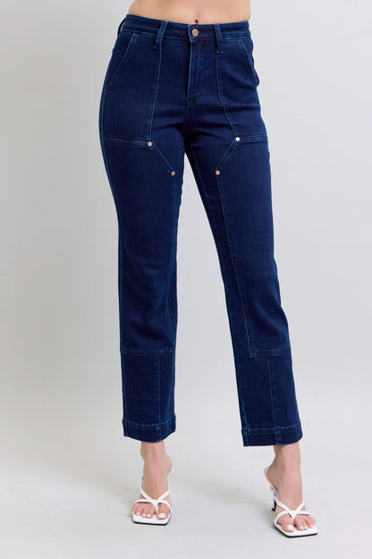 Plus size Judy Blue work wear knee patch straight jeans with distressed details and classic fit, perfect for casual or work wear.