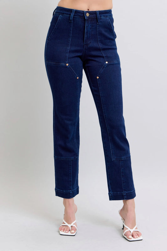 Plus size Judy Blue work wear knee patch straight jeans with distressed details and classic fit, perfect for casual or work wear.