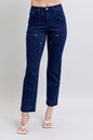 Plus size Judy Blue work wear straight jeans with knee patches, featuring a full length, classic denim look with a comfortable fit.