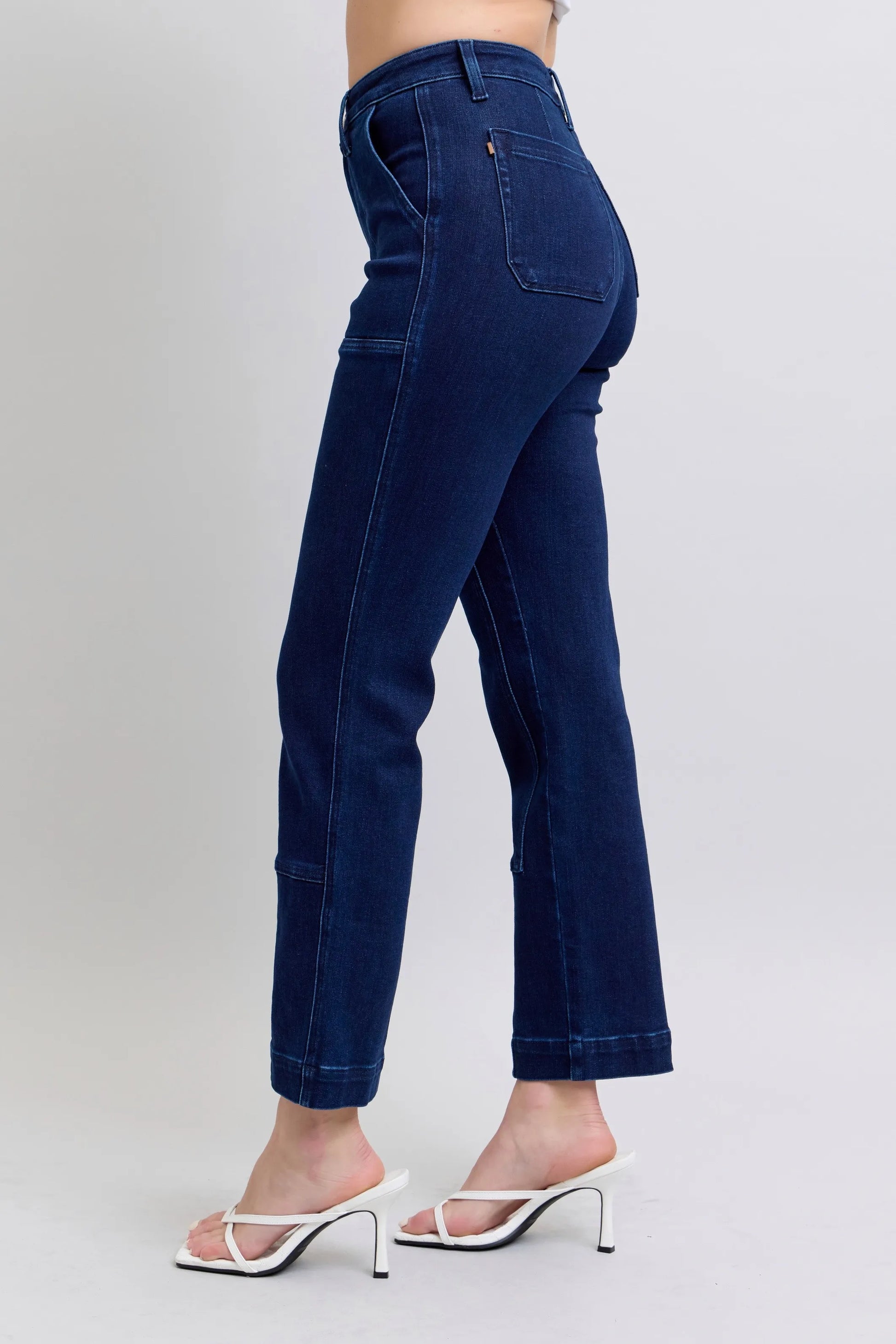 Plus size Judy Blue work wear knee patch straight jeans with classic denim look and sturdy knee patches, designed for comfort and style.