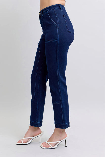 Plus size Judy Blue work wear knee patch straight jeans with distressed details and classic fit, designed for comfort and style.