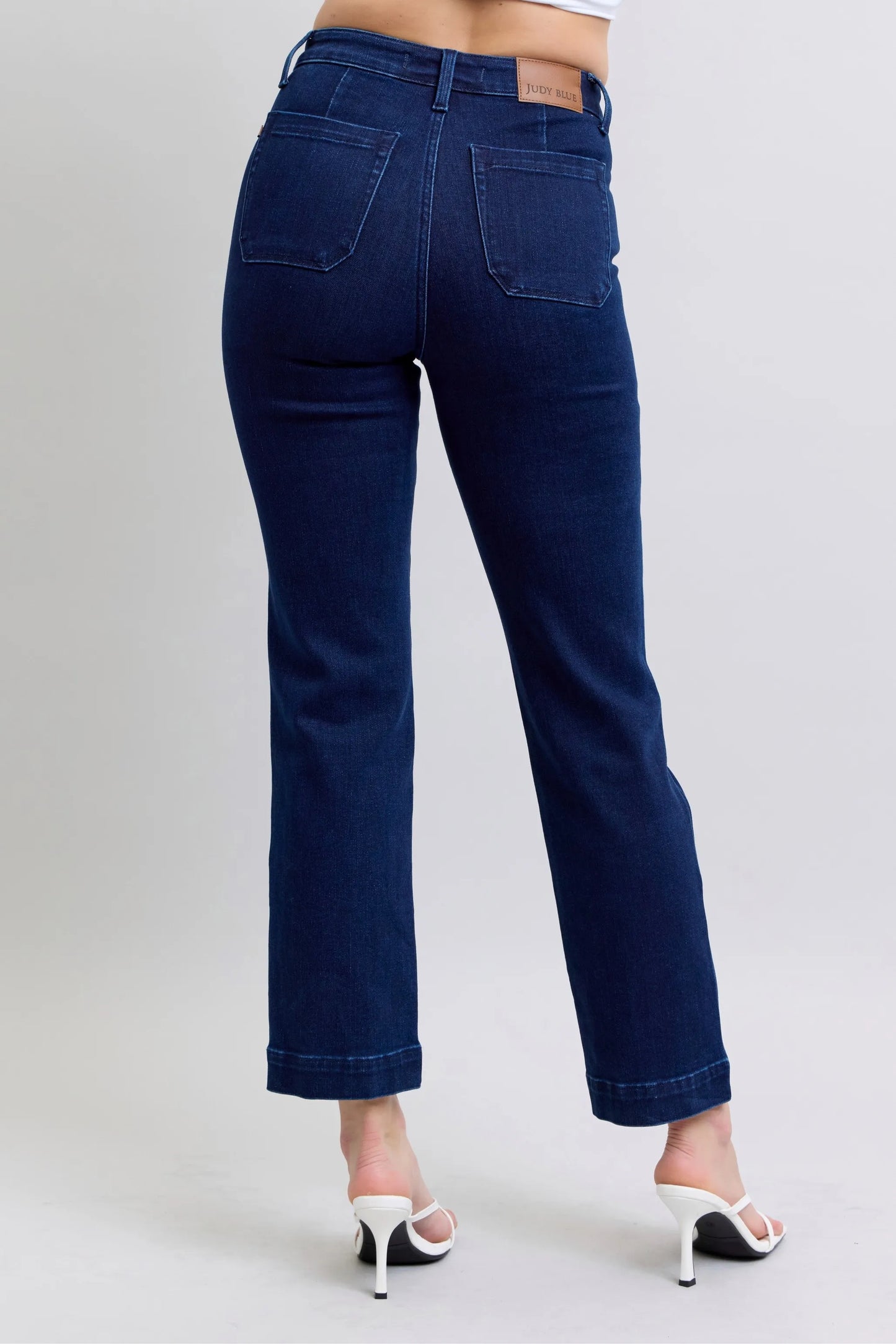 Plus size Judy Blue work wear straight jeans with knee patches, full length denim with a classic fit and durable design.
