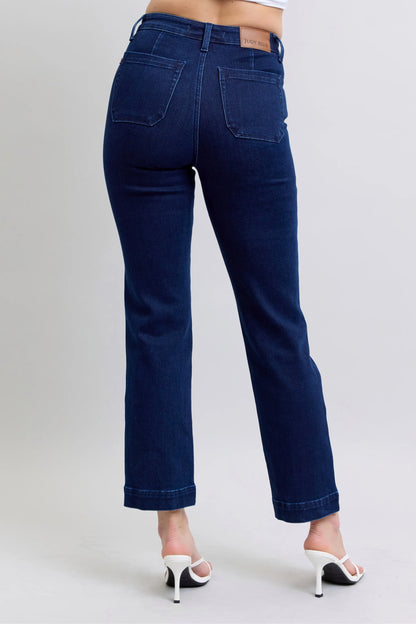 Plus size Judy Blue work wear straight jeans with knee patches, full length denim with a classic fit and durable design.