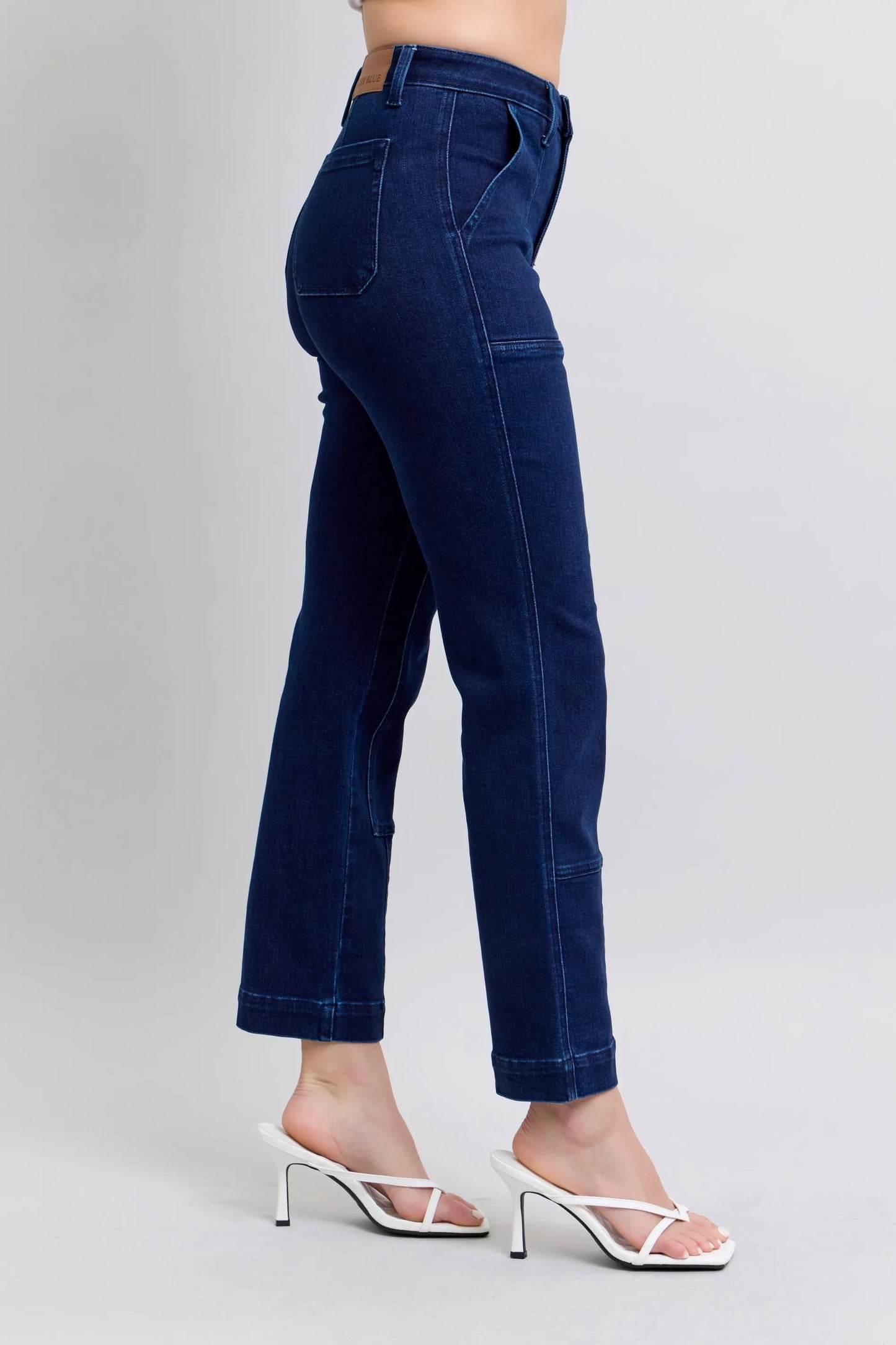 Plus size Judy Blue work wear knee patch straight jeans with durable fabric and classic five-pocket design, ideal for casual wear.
