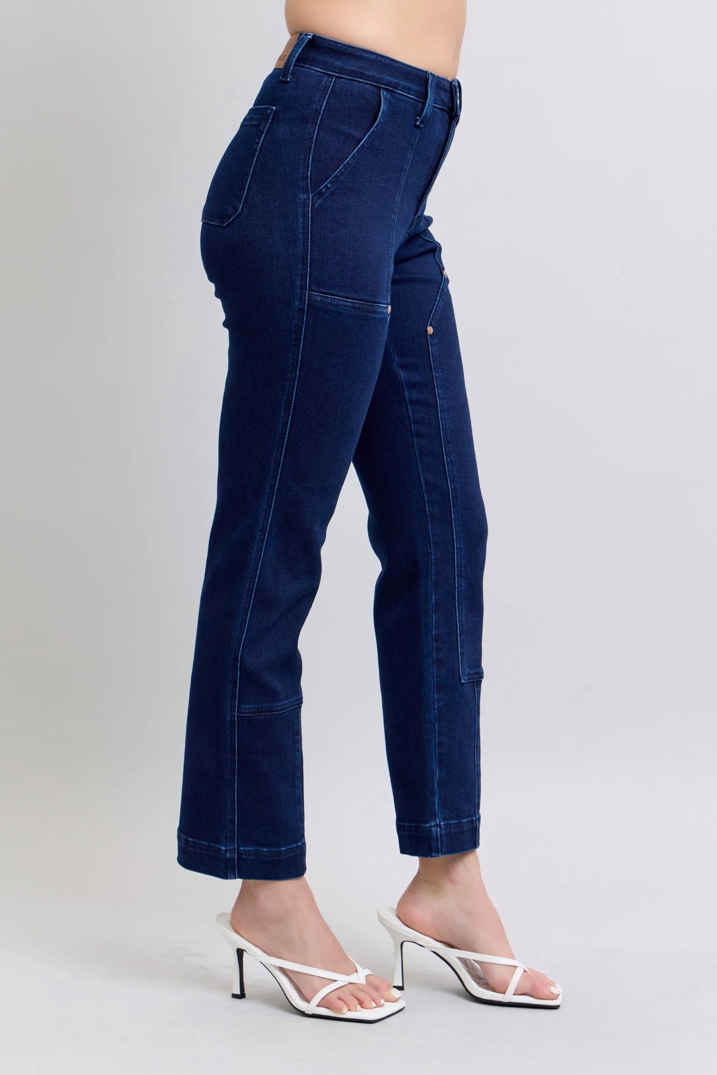 Judy Blue plus size straight jeans with knee patches, work wear style, featuring full length denim and classic fit.