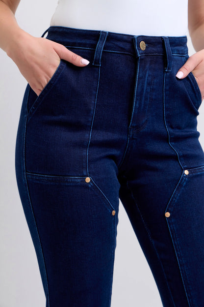 Plus size Judy Blue work wear knee patch straight jeans with distressed details and classic denim look.