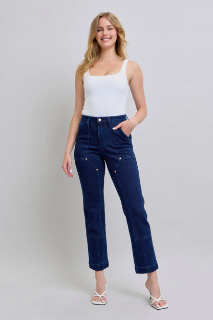 Plus size Judy Blue work wear straight jeans with knee patches, denim fabric, and a classic fit.