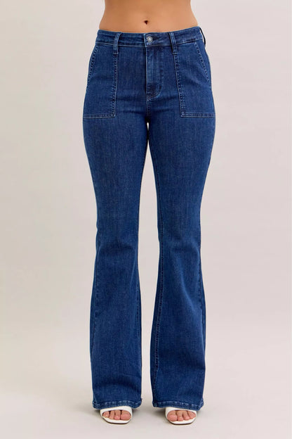 Judy Blue high waist flare jeans with front patch pockets, stylish denim pants featuring a fitted waist and flared leg design.