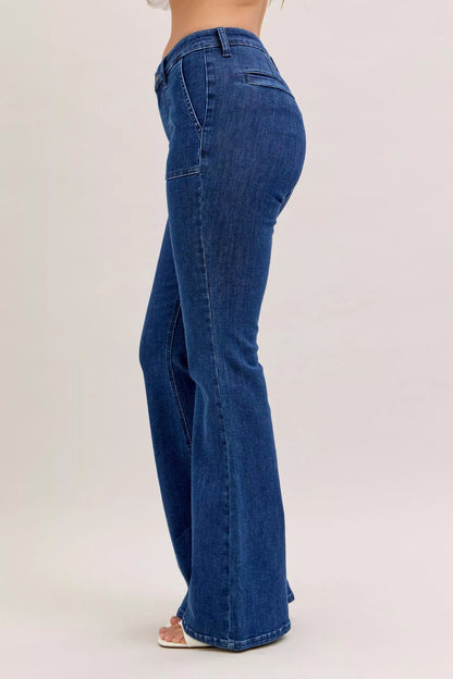 Judy Blue high waist flare jeans with front patch pockets, stylish denim pants featuring a fitted waist and flared leg design.