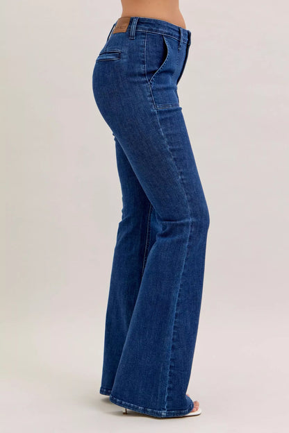 Trendsi Judy Blue high waist flare jeans with front patch pockets, showcasing a stylish denim design and fitted silhouette.