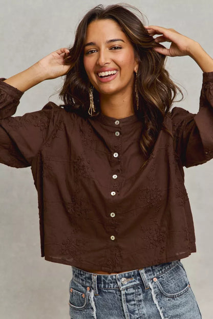 Trendsi SO ME 3D floral woven long sleeve button-up shirt in dark brown with a front button closure and intricate floral design.