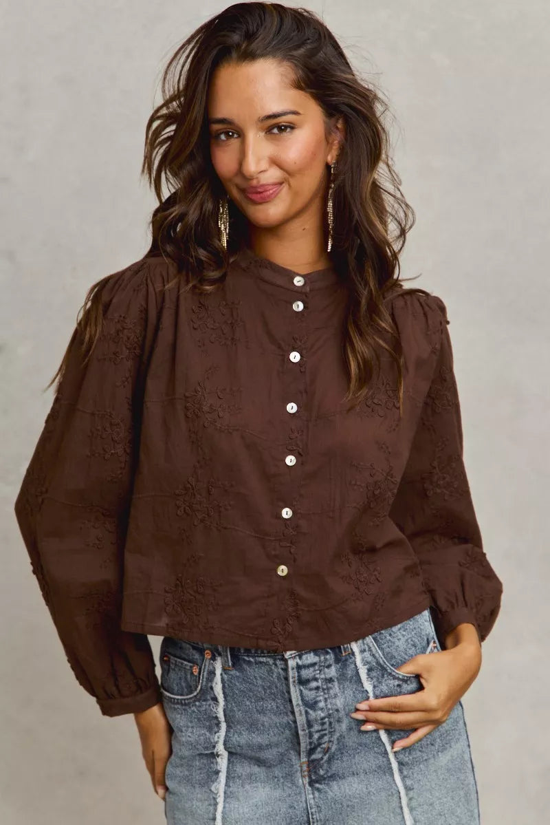 Trendsi SO ME 3D floral woven long sleeve button-up shirt in dark brown with intricate floral patterns.