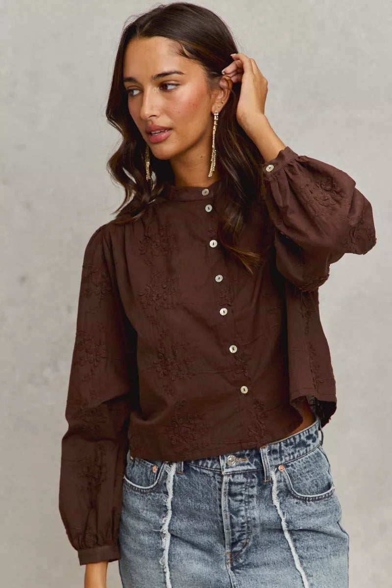 Trendsi SO ME 3D Floral Woven Long Sleeve Button Shirt in dark brown with vibrant floral patterns and front button closure.