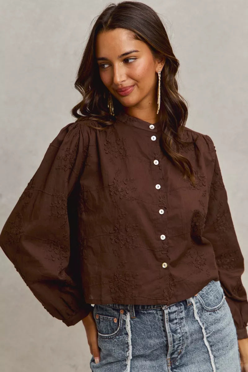 Trendsi SO ME 3D floral woven long sleeve button-up shirt in dark brown with front buttons and intricate floral design.