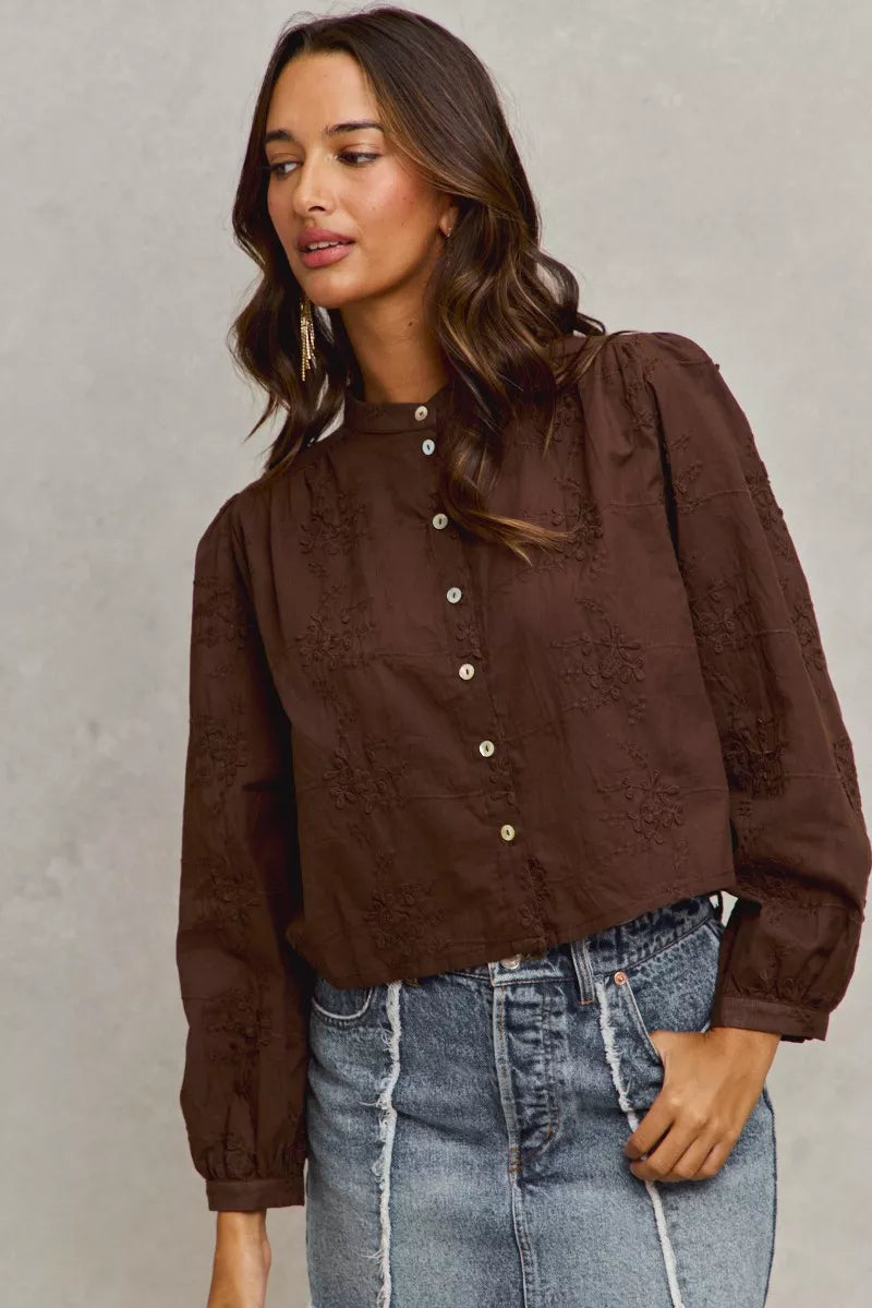 Trendsi SO ME 3D Floral Woven Long Sleeve Front Button Shirt in dark brown featuring a detailed floral pattern and button-up front.