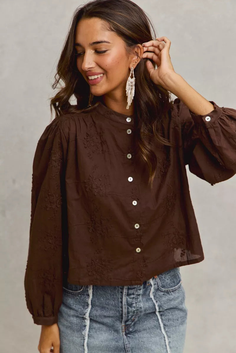 Trendsi SO ME 3D floral woven long sleeve button shirt in dark brown with intricate floral pattern and front button closure.