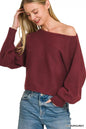 Dark burgundy Zenana boat neck balloon sleeve sweater with relaxed fit and ribbed cuffs, styled for casual wear.