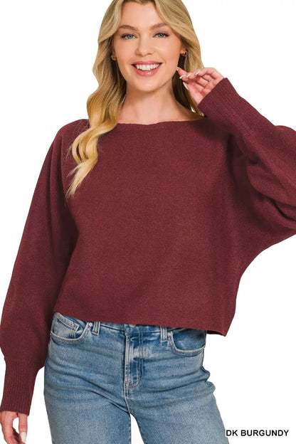 Burgundy Zenana boat neck balloon sleeve sweater with relaxed fit, styled on a mannequin with ribbed cuffs and hem.