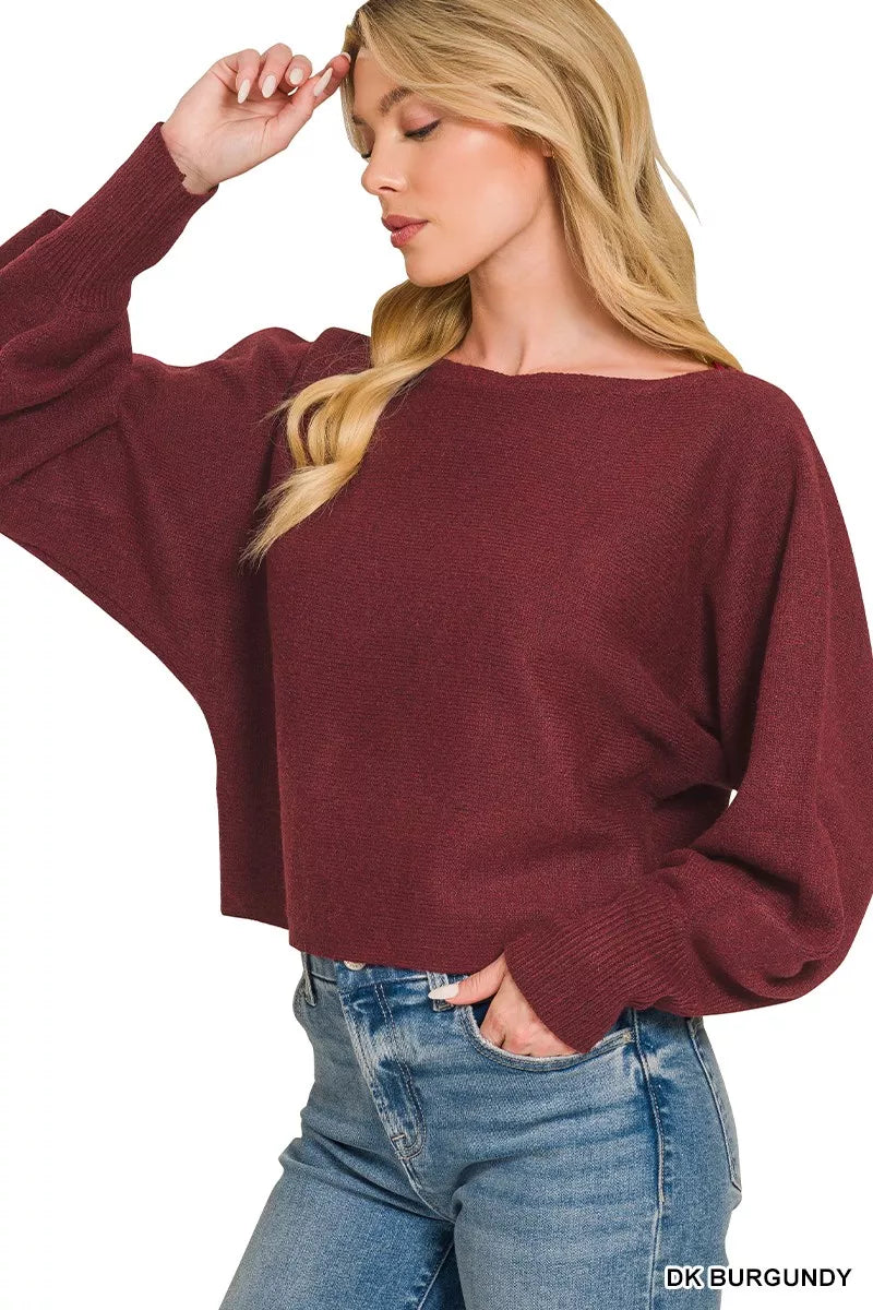 Burgundy Zenana boat neck balloon sleeve sweater with cozy knit fabric, stylish and comfortable for casual wear.
