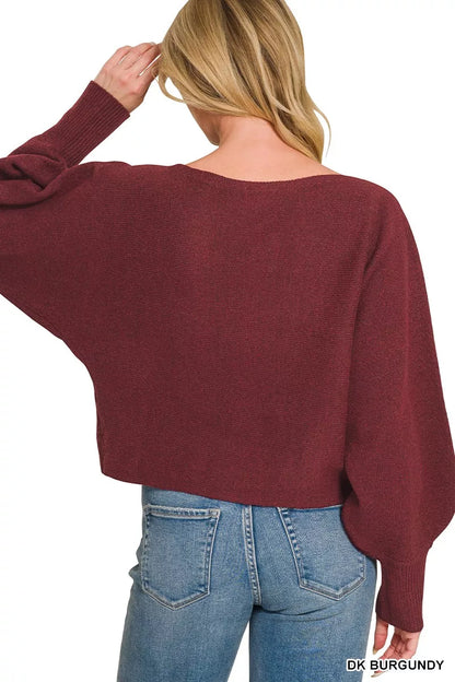 Burgundy Zenana boat neck balloon sleeve sweater with relaxed fit and ribbed cuffs, casual stylish knit top for women.