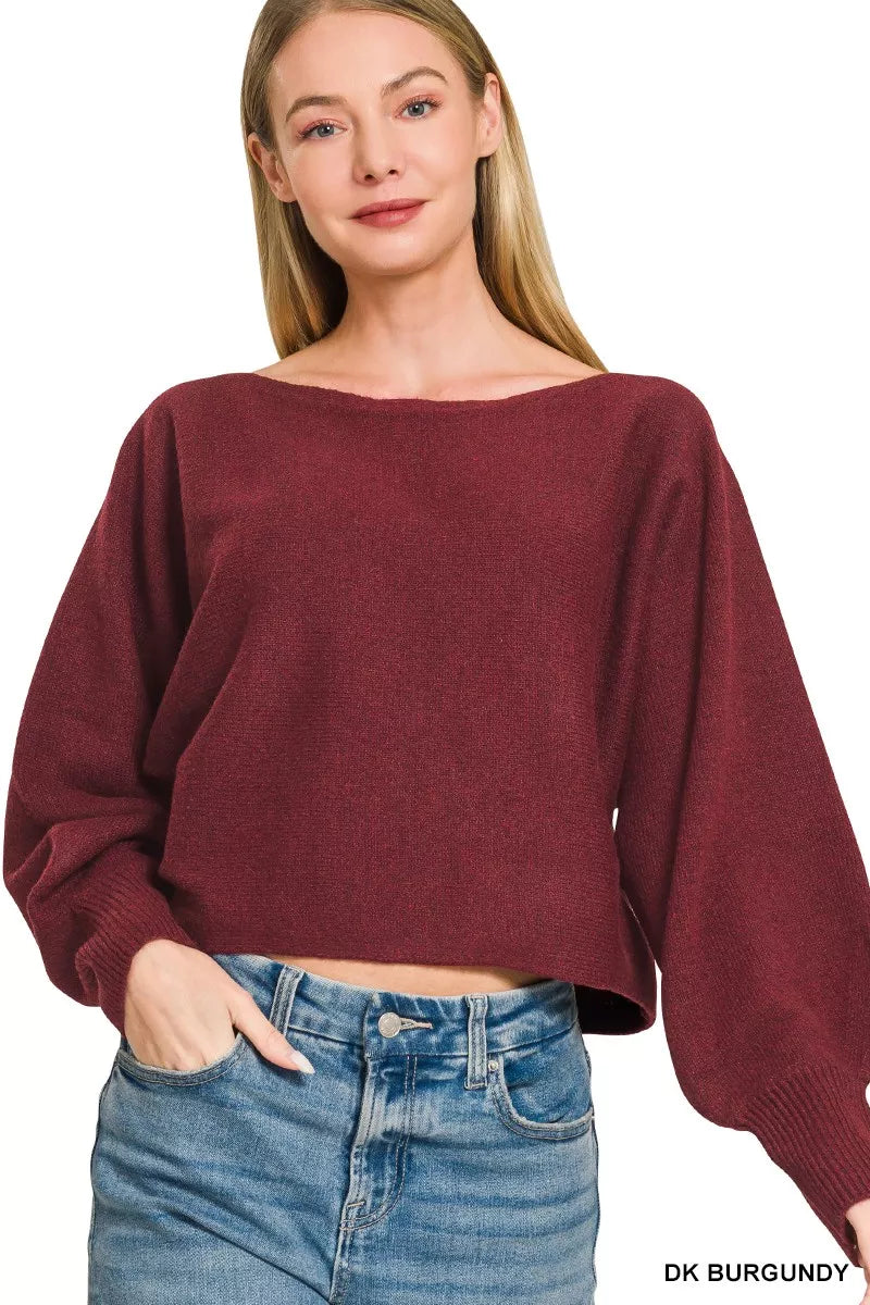 Burgundy Zenana boat neck balloon sleeve sweater with ribbed cuffs and relaxed fit, stylish knit top for casual wear