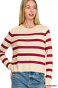 Trendsi Zenana lightweight wool blend striped round neck sweater in burgundy, featuring a cozy, casual fit and classic design.