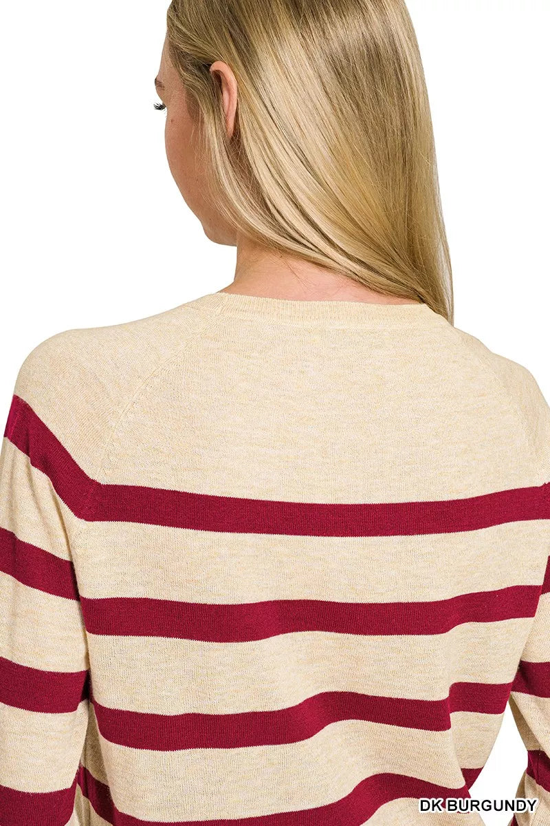 Lightweight burgundy wool blend striped round neck sweater by Zenana, casual fit, soft fabric, stylish for fall and winter wear.