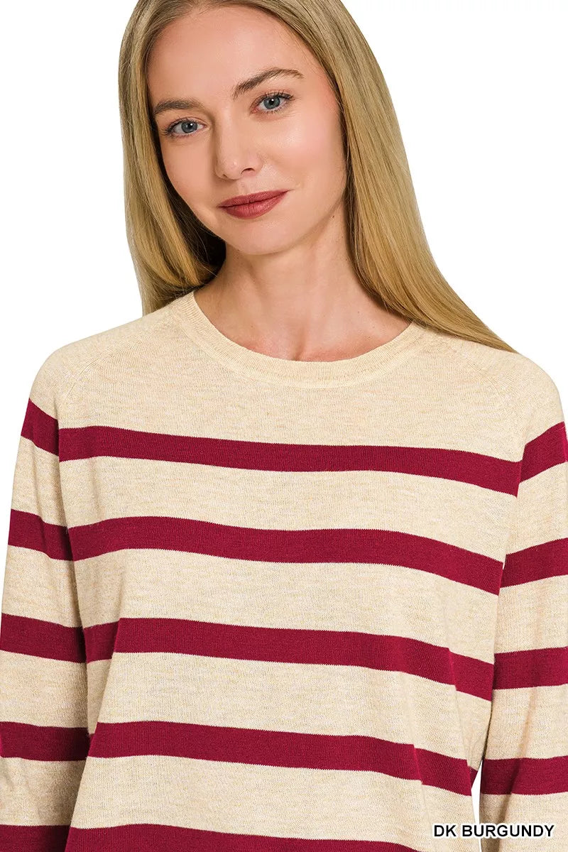 Lightweight wool blend striped round neck sweater by Zenana in burgundy, featuring a classic fit and cozy design.