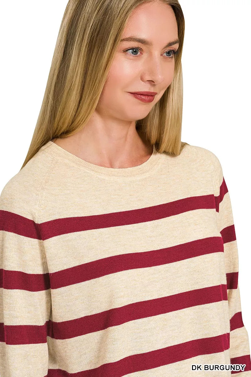 Lightweight wool blend striped round neck sweater from Zenana in burgundy, featuring a cozy fit and classic design.