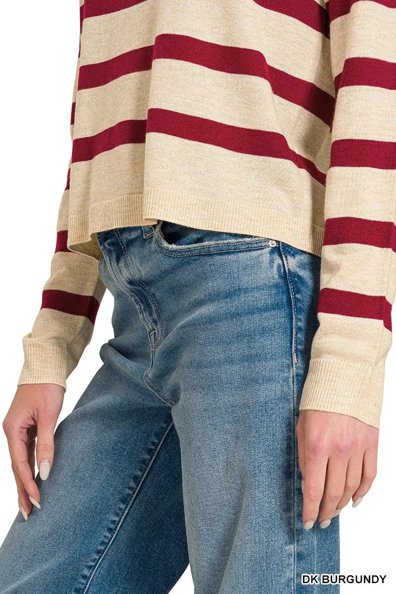 Zenana lightweight wool blend striped round neck sweater in burgundy, featuring a cozy, casual design.