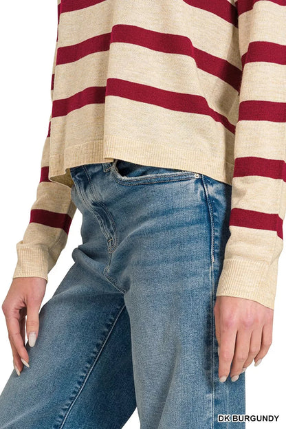 Zenana lightweight wool blend striped round neck sweater in burgundy, featuring a cozy, casual design.