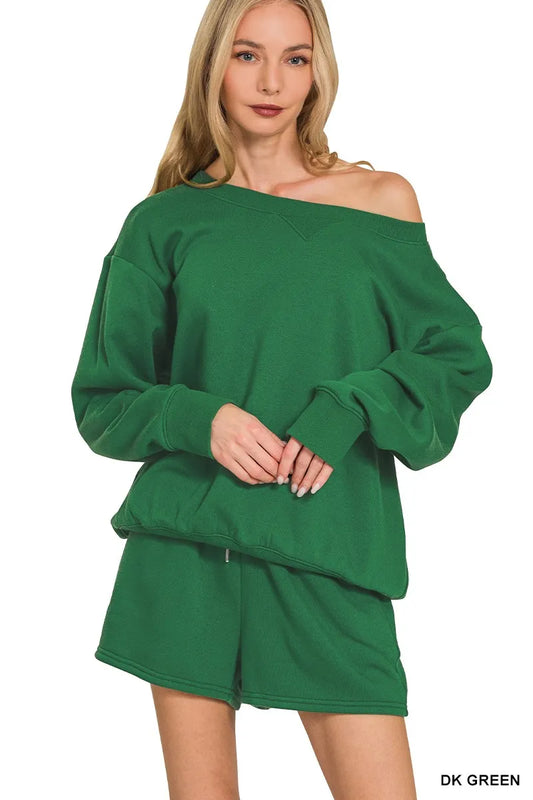 Trendsi Zenana fleece boat neck sweatshirt and matching shorts set in dark green, casual loungewear for women.