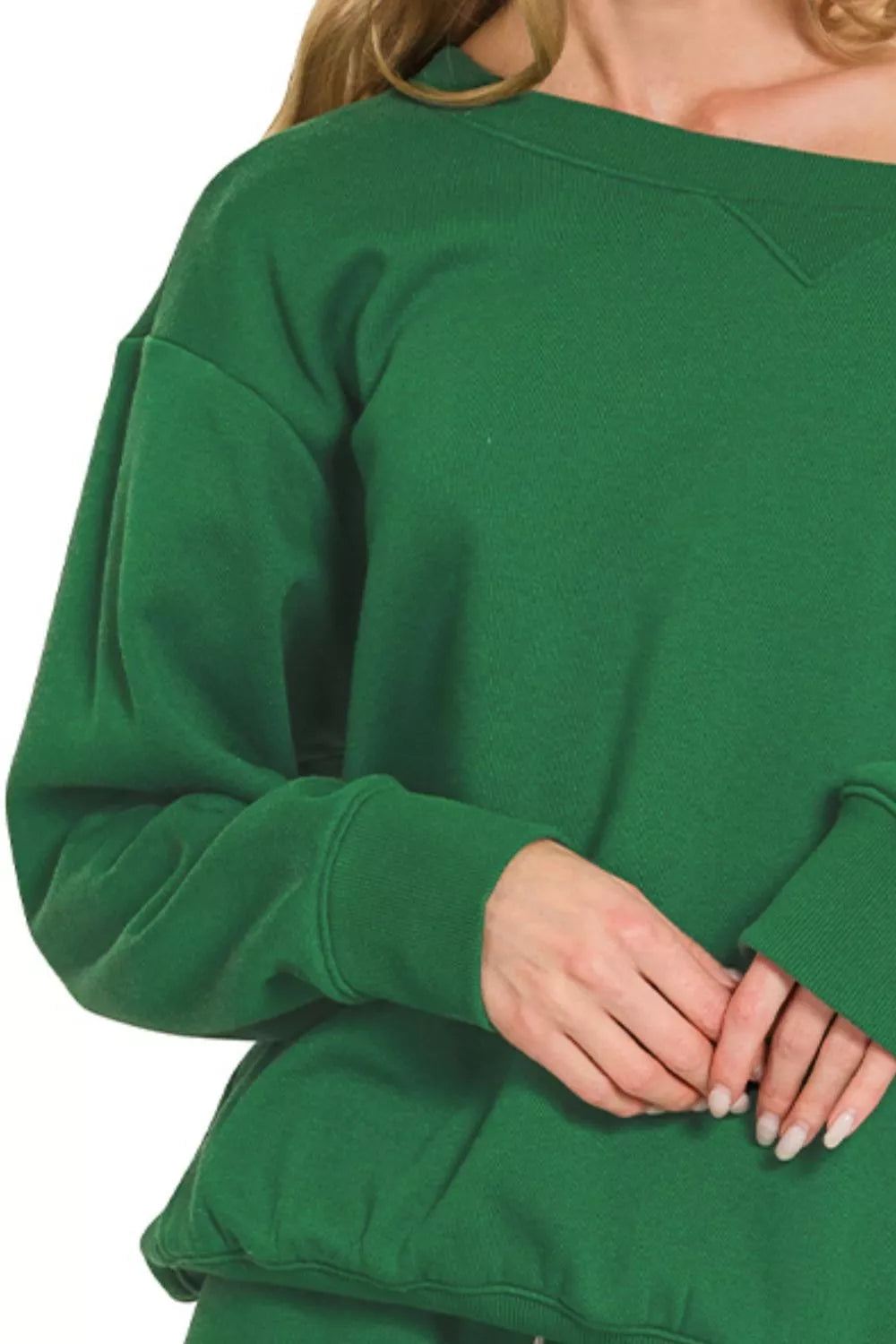 Dark green Zenana fleece sweatshirt and shorts set with boat neck design, casual loungewear by Trendsi.
