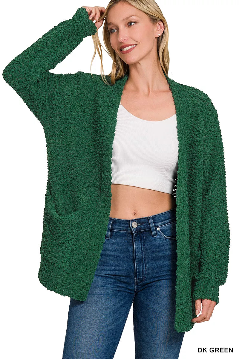 Dark green Zenana long sleeve popcorn sweater cardigan with front pockets, cozy knit design, perfect for casual layering.