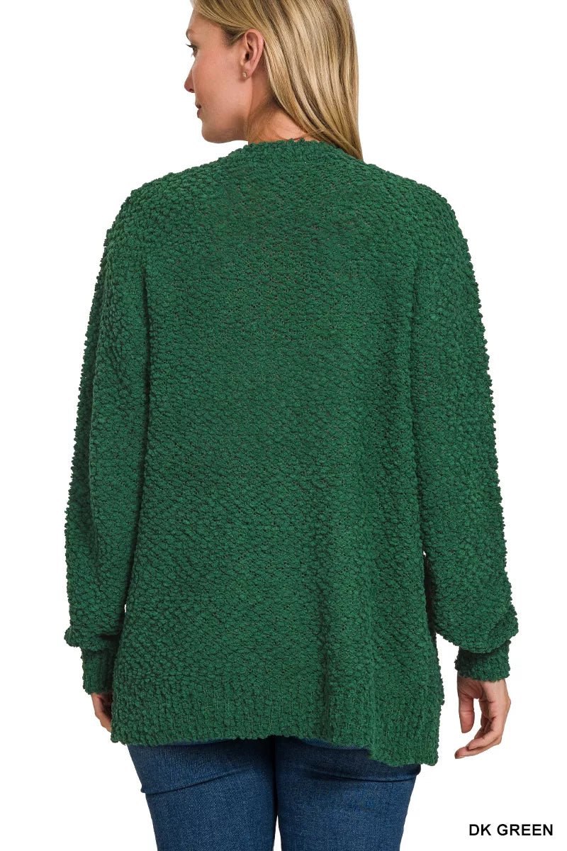 Green Zenana long sleeve popcorn sweater cardigan with pockets, featuring a cozy knit texture and front pockets for casual style.