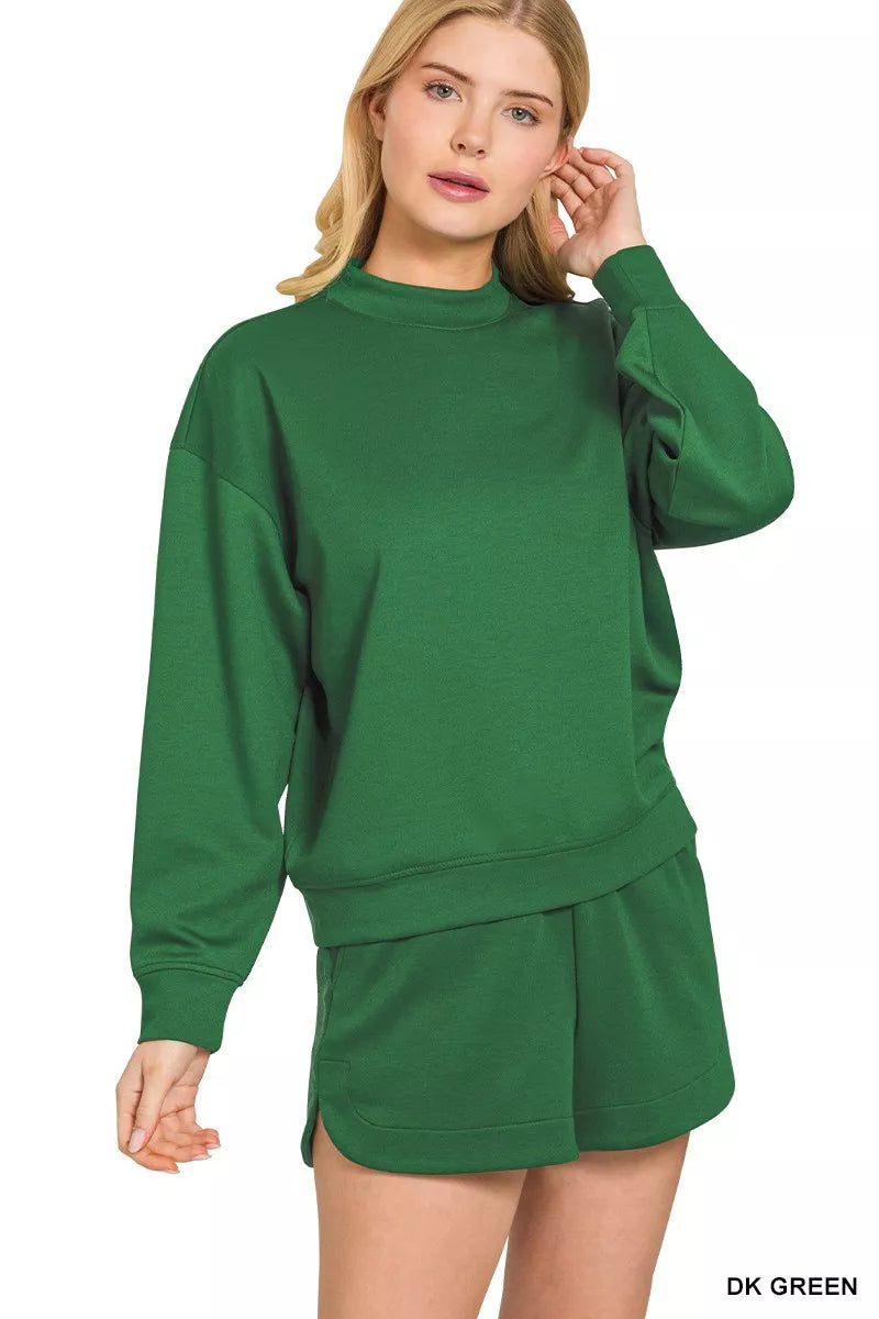 Dark green Zenana scuba long sleeve sweatshirt and shorts set by Trendsi, featuring a casual, comfortable athletic style.