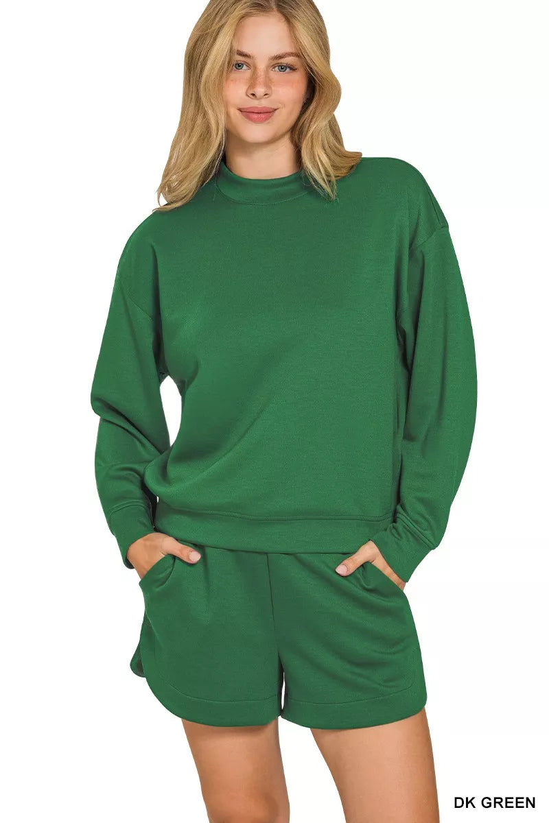 Trendsi Zenana scuba long sleeve sweatshirt and shorts set in dark green, casual loungewear with a relaxed fit and comfortable fabric.