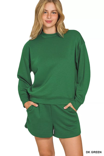 Trendsi Zenana scuba long sleeve sweatshirt and shorts set in dark green, casual loungewear with a relaxed fit and comfortable fabric.