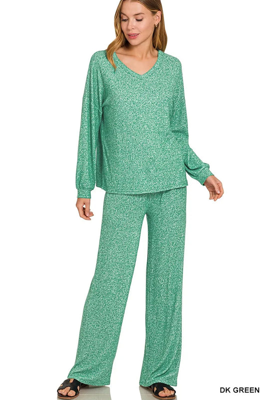 Trendsi Zenana soft melange long sleeve tee and matching pants set in dark green, casual loungewear for women.