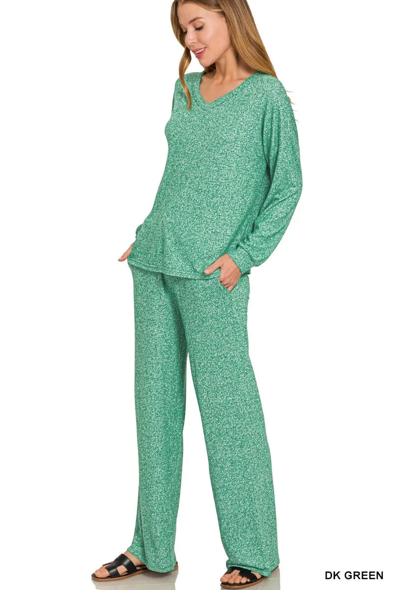 Dark green Zenana soft melange long sleeve tee and pants set, casual loungewear with comfortable, relaxed fit.