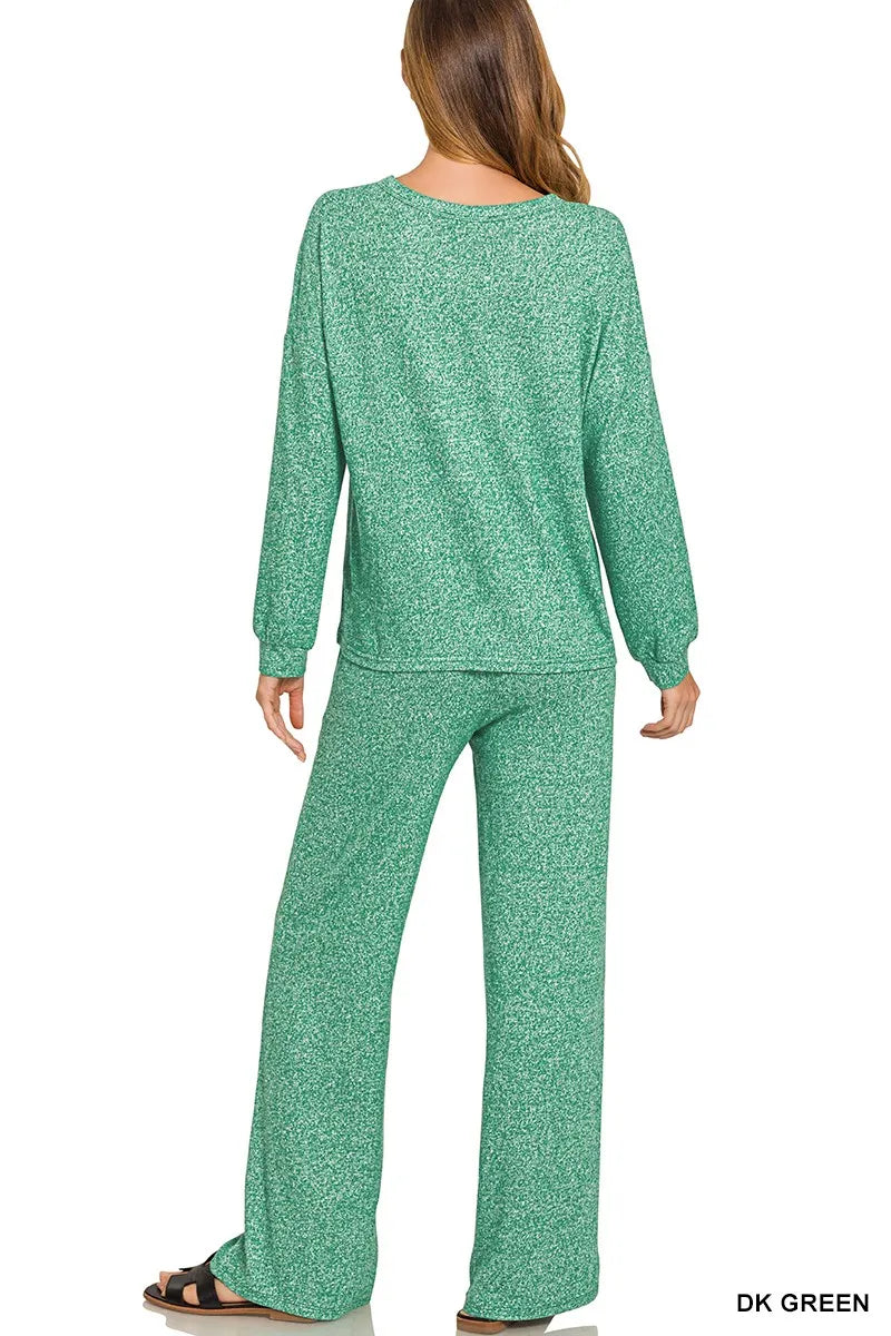 Trendsi Zenana soft green melange long sleeve tee and matching pants set, casual loungewear with a relaxed fit and comfortable fabric.