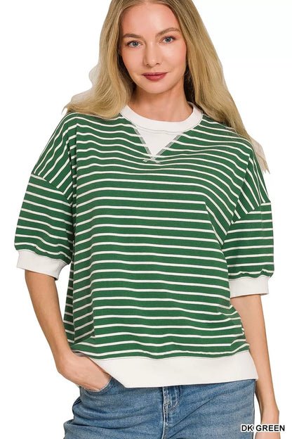 Dark green Zenana striped rib-banded sweatshirt with long sleeves and a relaxed fit, featuring a comfortable, casual style.