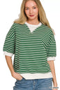 Dark green Zenana striped rib-banded sweatshirt with long sleeves and a relaxed fit, featuring a comfortable, casual style.