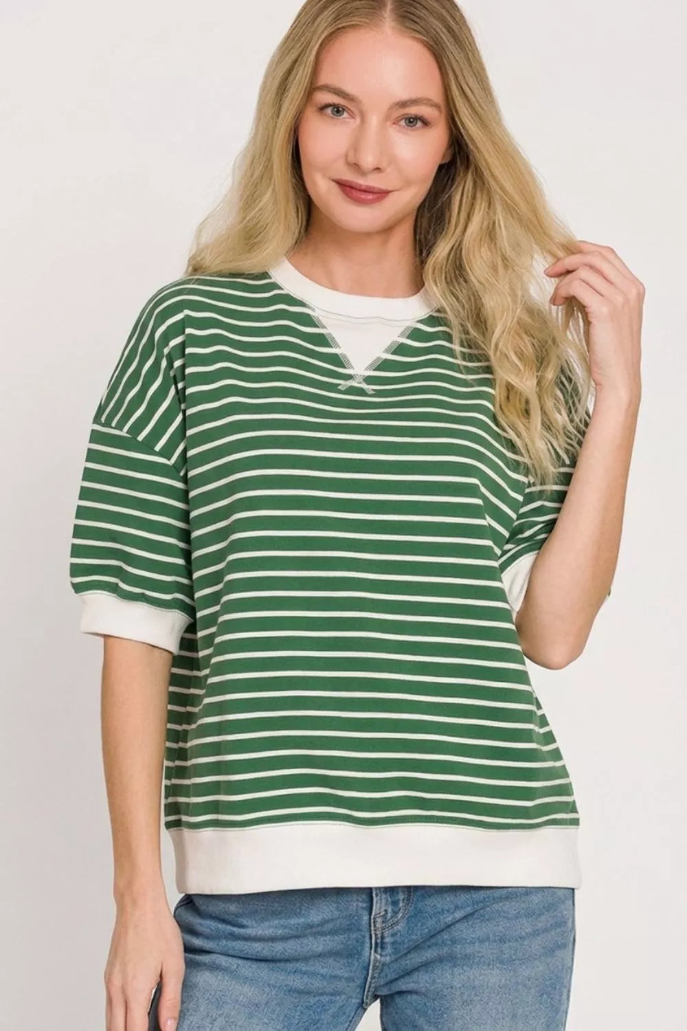 Dark green Zenana striped rib-banded sweatshirt with long sleeves and a relaxed fit, featuring contrasting ribbed cuffs and hem.