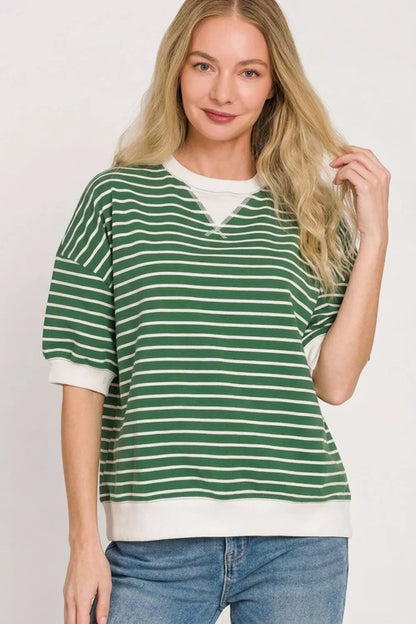 Dark green Zenana striped rib-banded sweatshirt with long sleeves and a relaxed fit, featuring contrasting ribbed cuffs and hem.