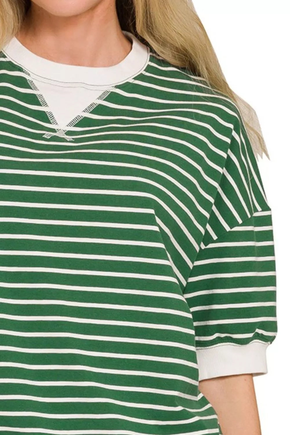 Dark green Zenana striped ribbed banded sweatshirt with long sleeves and a relaxed fit, perfect for casual wear.